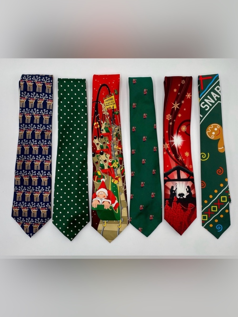 6‎ Men Christmas Holiday Ties Reindeer, Santa Gingerbread men